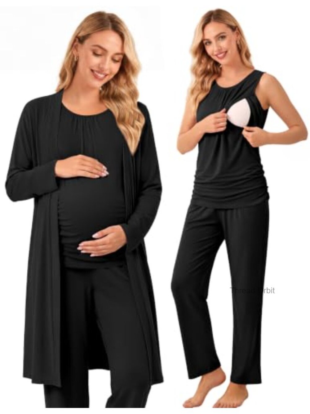 Maternity Nursing Pajama Set 3PC Robe Breastfeeding Postpartum Sleepwear